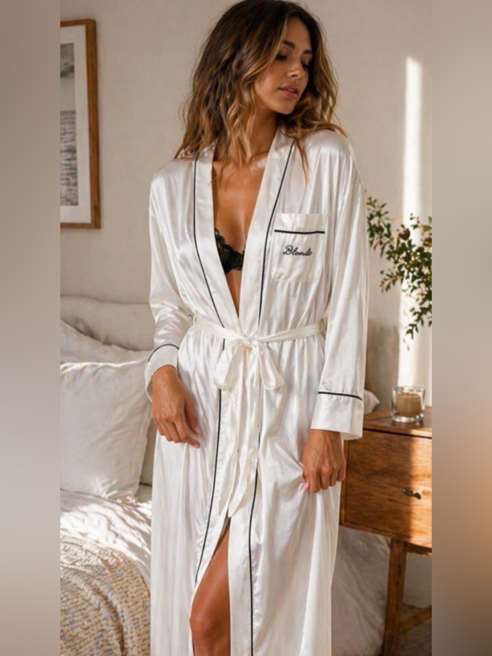 Priv & Brunette The Label White Robe with Black Piping